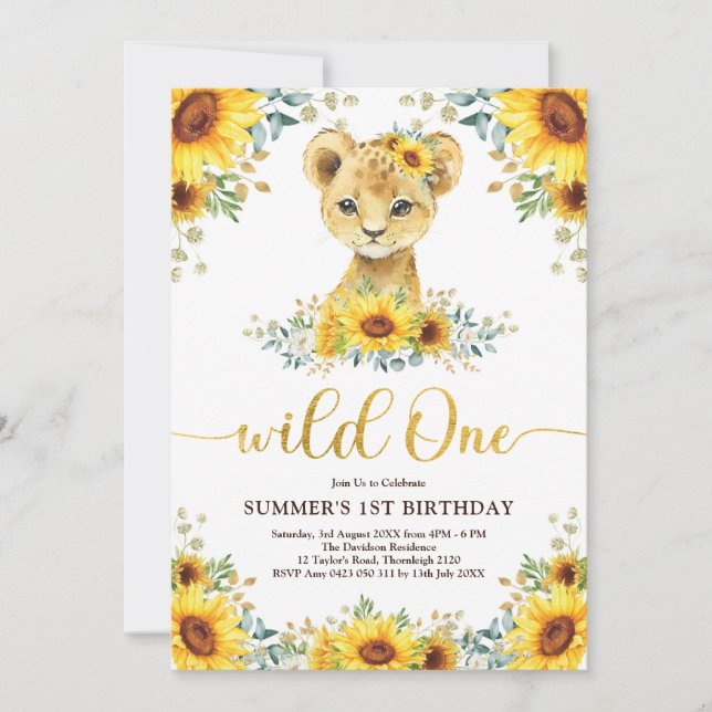 Invitation Wild One Lion Cub Tournesol Vert 1er anniversaire (Devant)