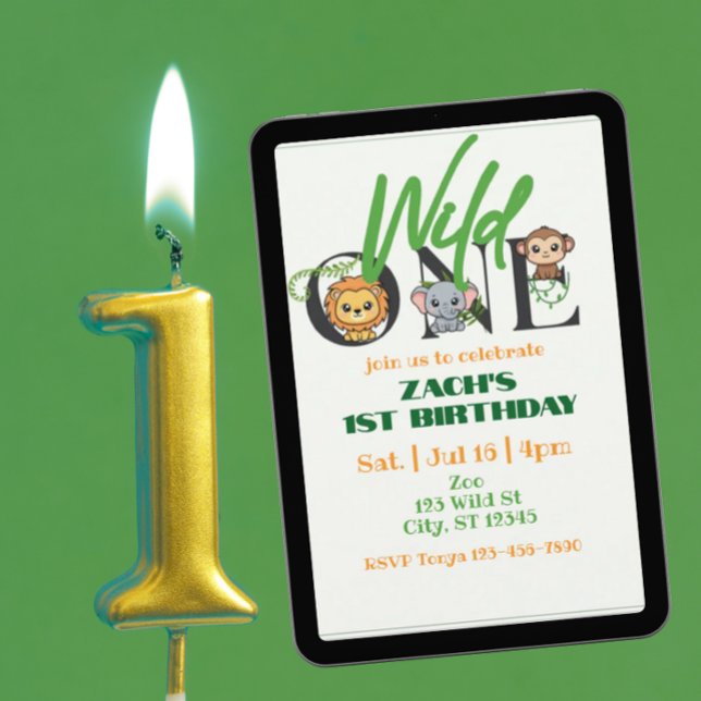 Invitation Wild One Lion Elephant Monkey 1st Birthday Minimal (Créateur téléchargé)