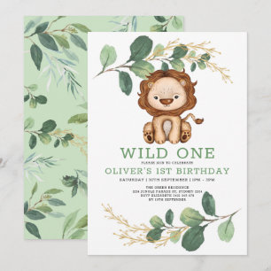 Invitation Wild One Lion Green Gold 1er anniversaire fête