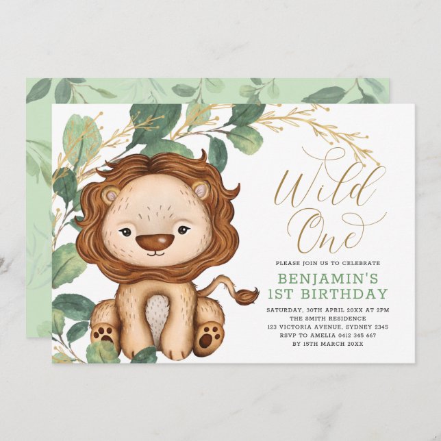 Invitation Wild One Lion Green Gold 1er Birthday Boy (Devant / Derrière)
