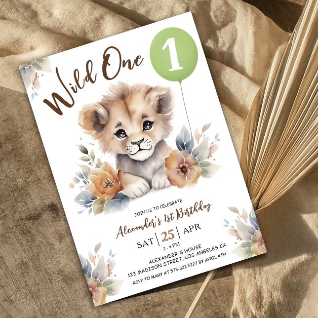 Invitation Wild One Lion Sage Green Balloon 1er Birthday Boy (Créateur téléchargé)