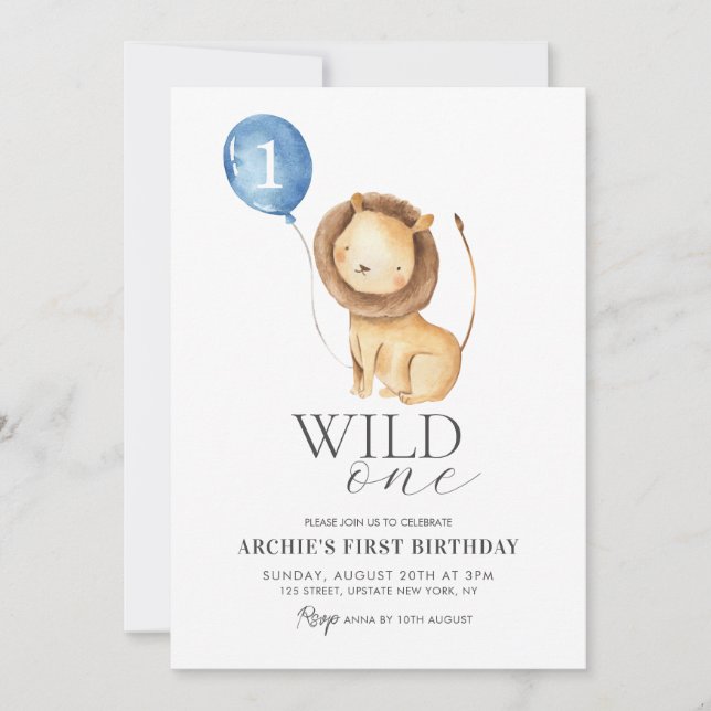 Invitation Wild One Lion Watercolor Balloon Boys 1er annivers (Devant)