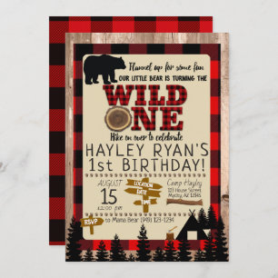 Invitation Wild One Little Bear Red Plaid 1er Anniversaire