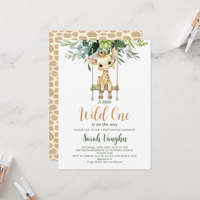 Invitation Wild One Little Giraffe Baby shower neutre pour le (Devant/Arrière en situation)