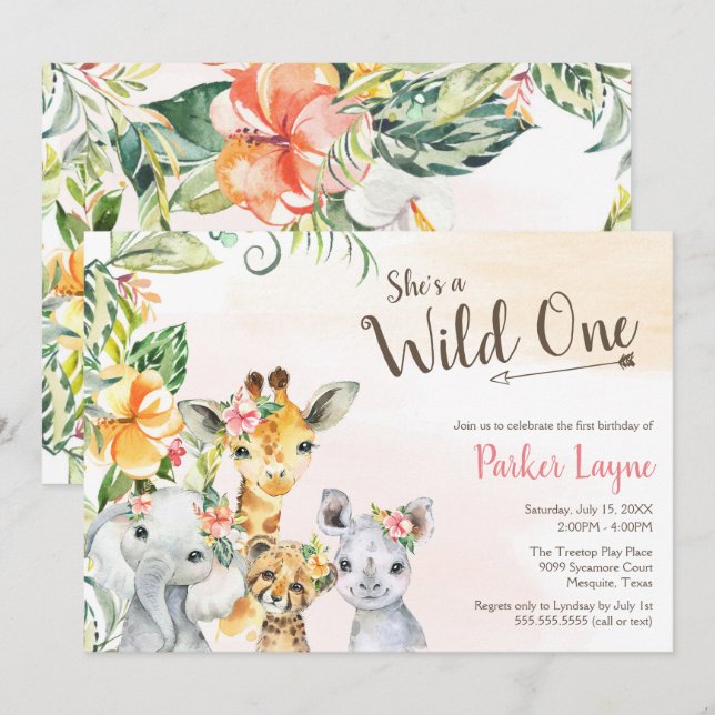 Invitation Wild One Lovely Safari Friends Premier anniversair (Devant / Derrière)