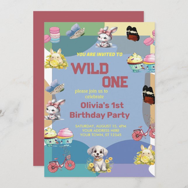 Invitation Wild One mignon Animaux 1er anniversaire (Devant / Derrière)