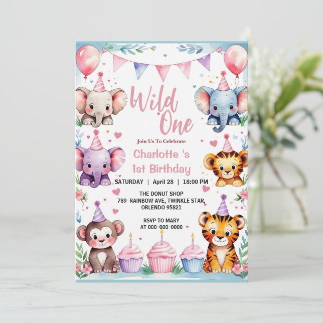 Invitation Wild One mignon Animaux Balloon fille 1er annivers (Debout devant)