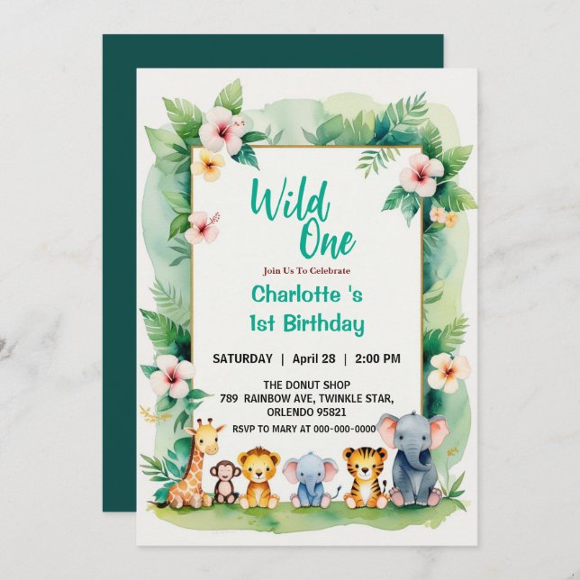 Invitation Wild One mignonne Jungle Animal 1er anniversaire d (Devant / Derrière)