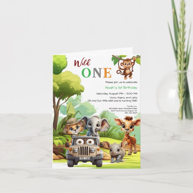 Invitation Wild One mignonne Jungle Animal 1er anniversaire d (Devant)