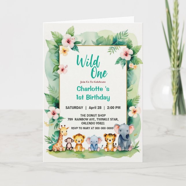 Invitation Wild One mignonne Jungle Animal 1er anniversaire d (Devant)