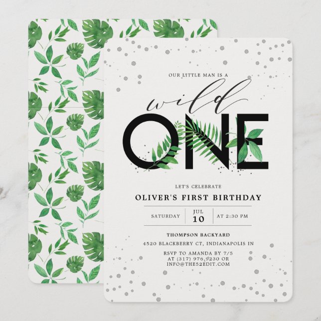 Invitation Wild One Modern Tropical Green 1er anniversaire (Devant / Derrière)