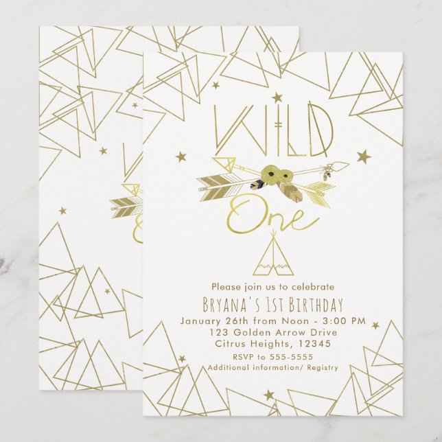 Invitation WILD ONE Or Gold & Blanc Boho 1er Anniversaire TOU (Devant / Derrière)