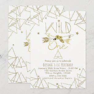 Invitation WILD ONE Or Gold & Blanc Boho 1er Anniversaire TOU