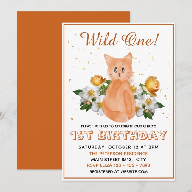 Invitation Wild One - Orange Baby Cat - 1er anniversaire (Devant / Derrière)