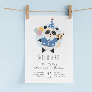 Invitation Wild One Panda Bear Bleu 1er anniversaire