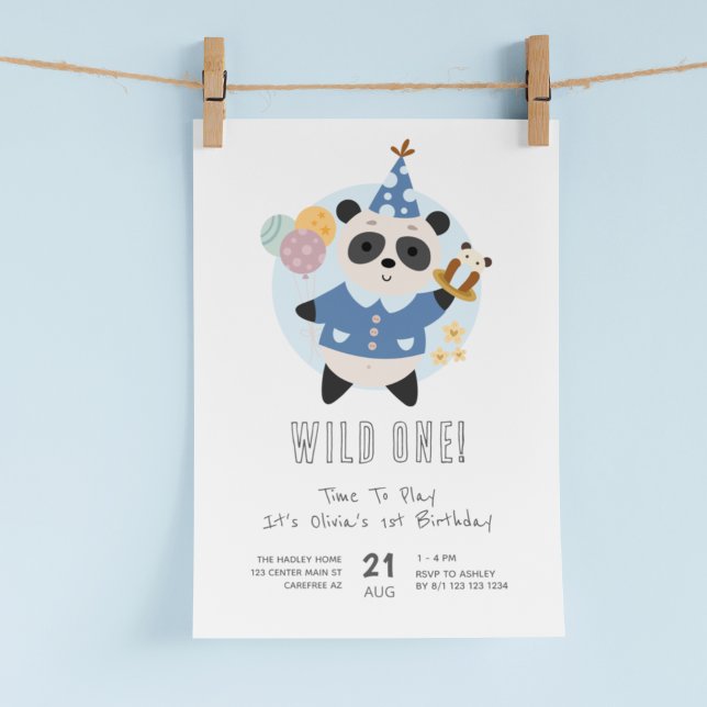 Invitation Wild One Panda Bear Bleu 1er anniversaire (Créateur téléchargé)