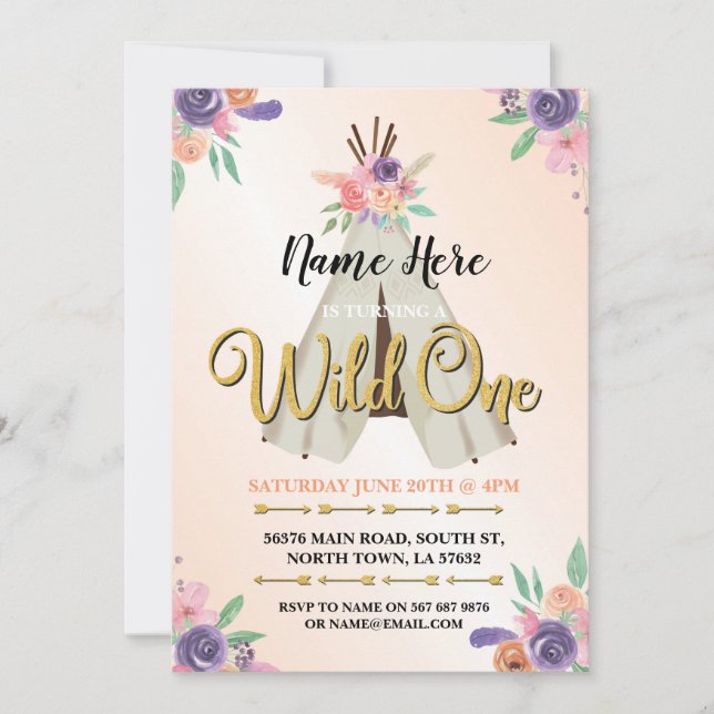 Invitation Wild One parties scintillant Girl's 1st Birthday O (Devant)