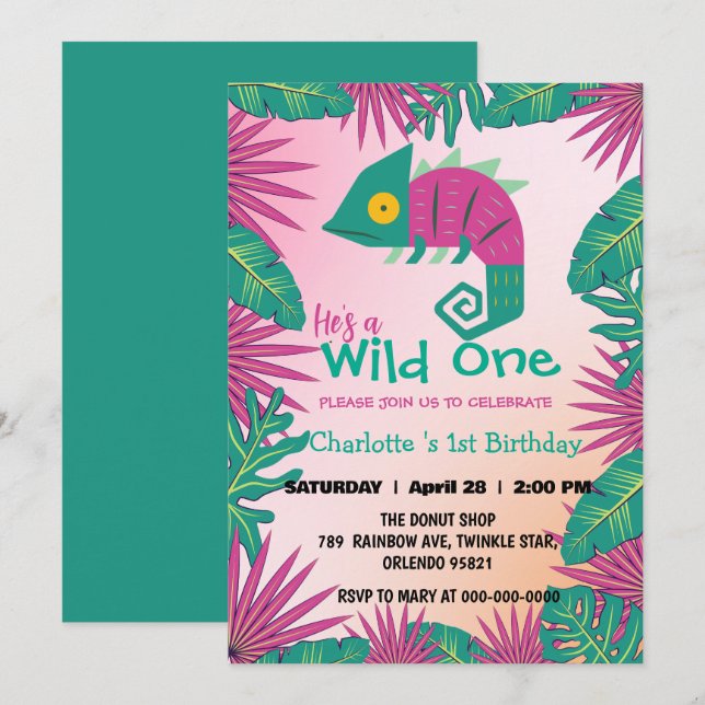Invitation Wild One Pink chameleon jungle 1er Anniversaire an (Devant / Derrière)