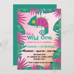 Invitation Wild One Pink chameleon jungle 1er Anniversaire an