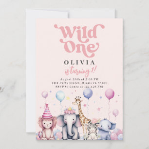Invitation Wild One Pink Jungle Safari Animaux Fille Annivers