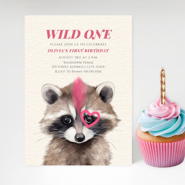 Invitation Wild One Pink Mohawk Raccoon 1er anniversaire (Créateur téléchargé)