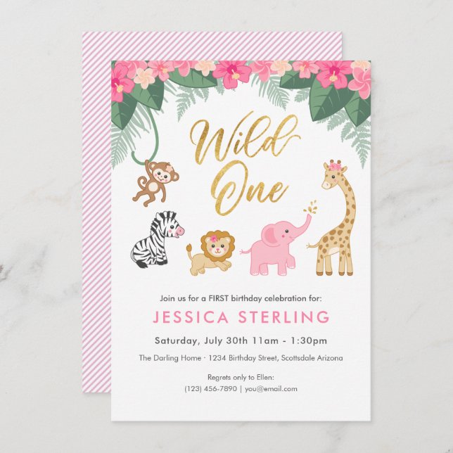 Invitation Wild ONE - Pink Safari Girl's premier anniversaire (Devant / Derrière)