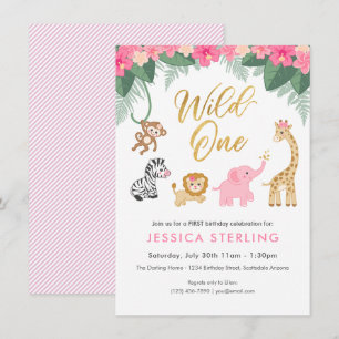 Invitation Wild ONE - Pink Safari Girl's premier anniversaire