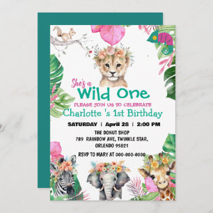 Invitation Wild One Pink Safari jungle 1er Animaux Anniversai