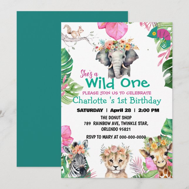 Invitation Wild One Pink Safari jungle 1er Animaux Anniversai (Devant / Derrière)