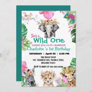 Invitation Wild One Pink Safari jungle 1er Animaux Anniversai