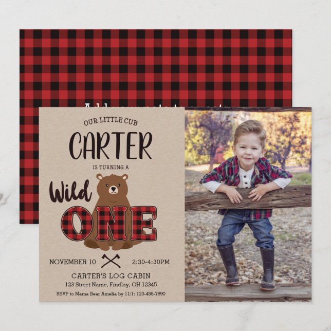 Invitation Wild ONE Plaid Bear Photo Anniversaire (Devant / Derrière)