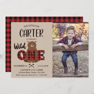 Invitation Wild ONE Plaid Bear Photo Anniversaire
