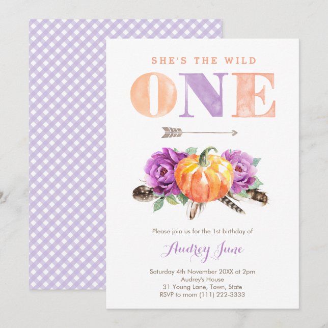 Invitation Wild One Purple Orange Citrouille 1er anniversaire (Devant / Derrière)