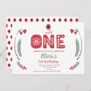 Invitation Wild One - Red Floral Folk Art 1er anniversaire fê