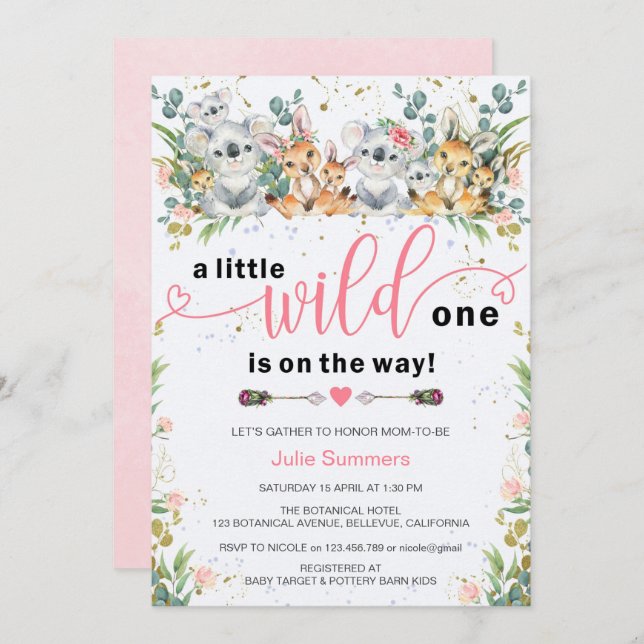 Invitation Wild One rose Safari Baby shower fille (Devant / Derrière)