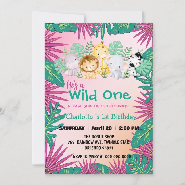 Invitation Wild One Rose zoo jungle 1er Animal Birthday girl (Devant)