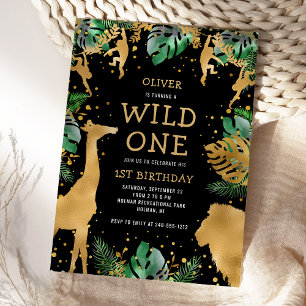 Invitation Wild One Safari 1er anniversaire Black Green Gold