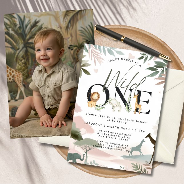 Invitation Wild One Safari 1ère fête d'anniversaire Photo (A cute baby boy in a safari-themed setting next to a "Wild One" birthday invite.)