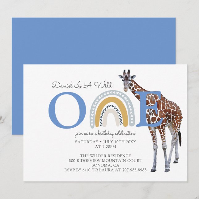 Invitation Wild One Safari Animal Blue Boy's First Birthday (Devant / Derrière)