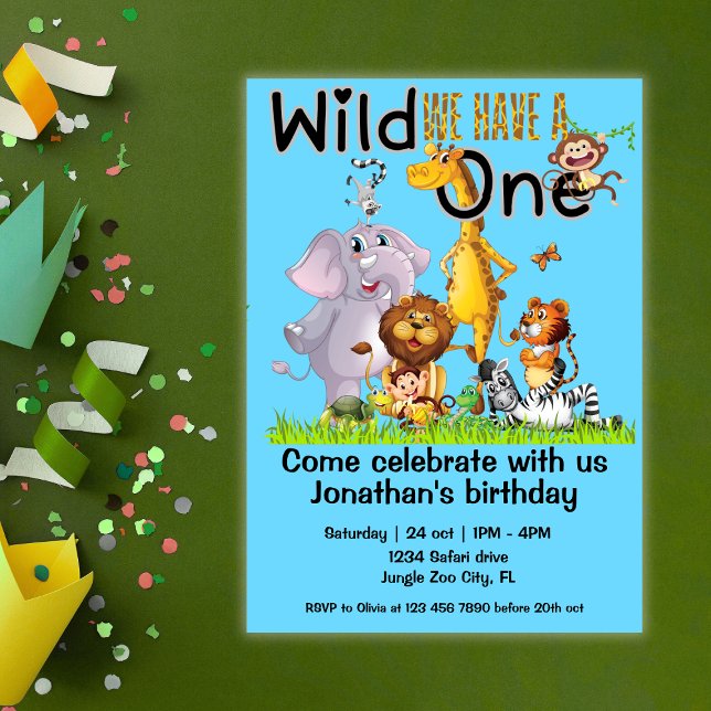 Invitation Wild One Safari Animals 1st Birthday cartoon (Créateur téléchargé)