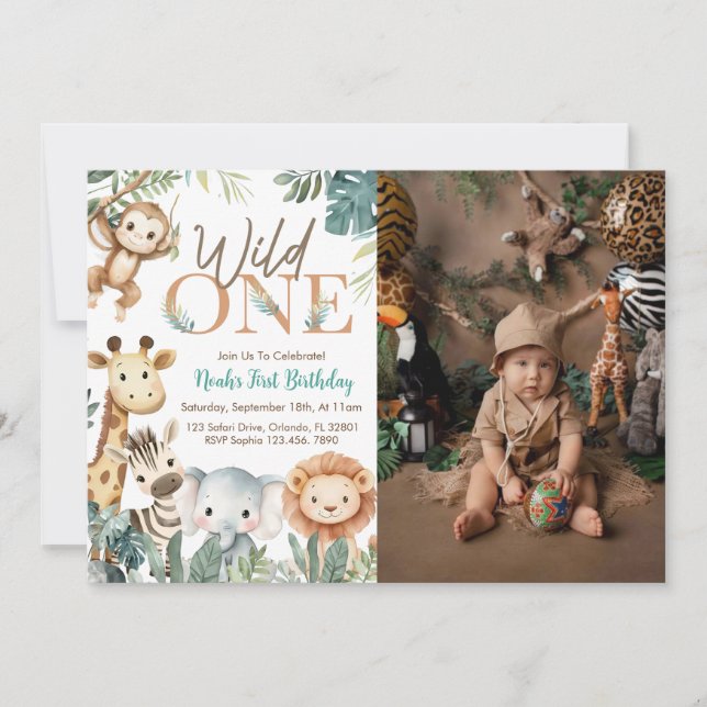 Invitation Wild One Safari Animals Boy Birthday Party Photo (Devant)