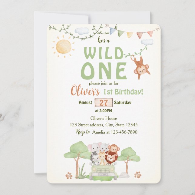 Invitation Wild One Safari Animals Boy First Birthday  (Devant)