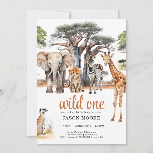 Invitation Wild One Safari Animaux 1er anniversaire (Devant)