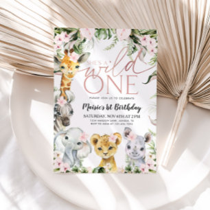 Invitation Wild One Safari Animaux 1er anniversaire fille Inv