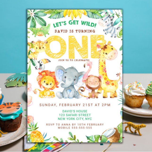 Invitation Wild One Safari Animaux 1er Anniversaire Garçons (Safari Party Jungle Animals Boy First Birthday Invitation )