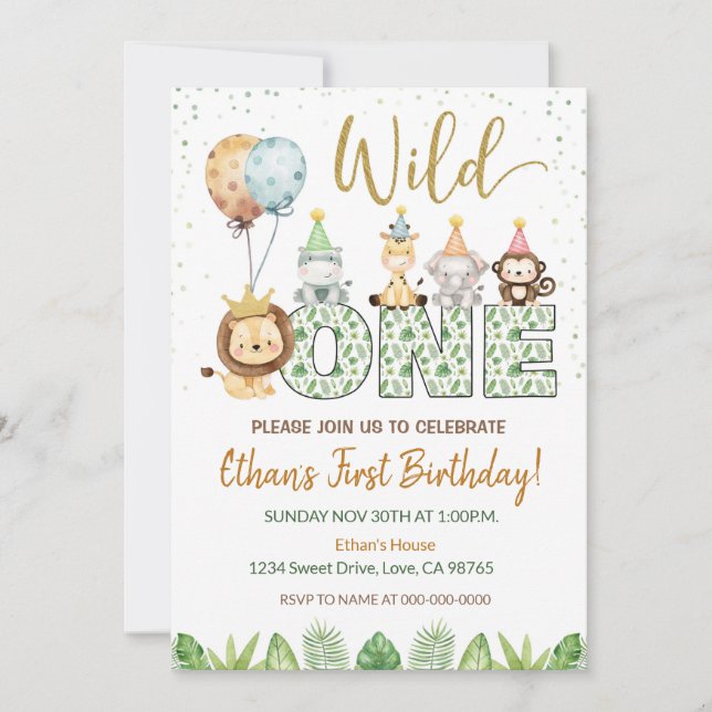 Invitation Wild One Safari Animaux 1er anniversaire Invitatio (Devant)