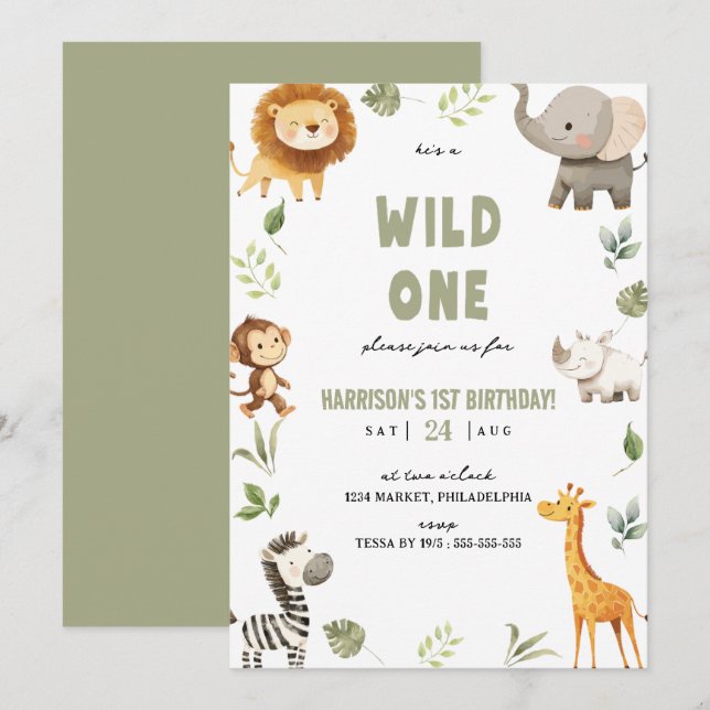 Invitation Wild One Safari Animaux 1er anniversaire Invitatio (Devant / Derrière)