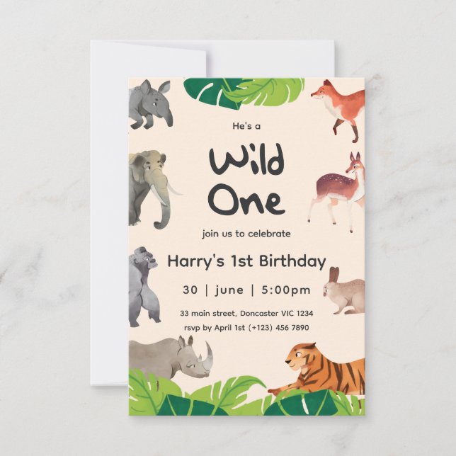 Invitation Wild One Safari Animaux 1er Baby Boy Anniversaire (Devant)