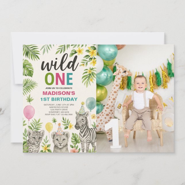 Invitation Wild One Safari Animaux Anniversaire Photo Invitat (Devant)