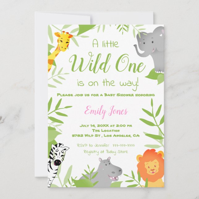 Invitation Wild One Safari Animaux Baby shower Girl (Devant)